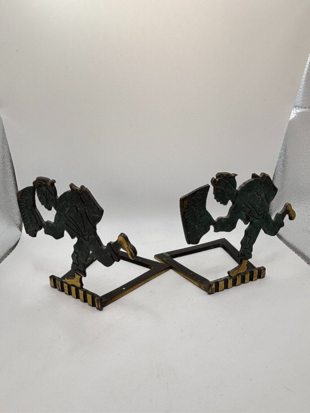 Vintage Judaica Bookends Lehi Mivrak Newspaper Boy 1947 Brass Green Black Gold